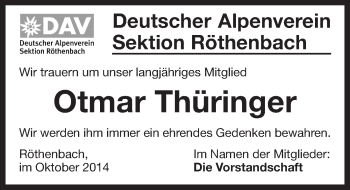Traueranzeige von Otmar Thüringer von Pegnitz-Zeitung